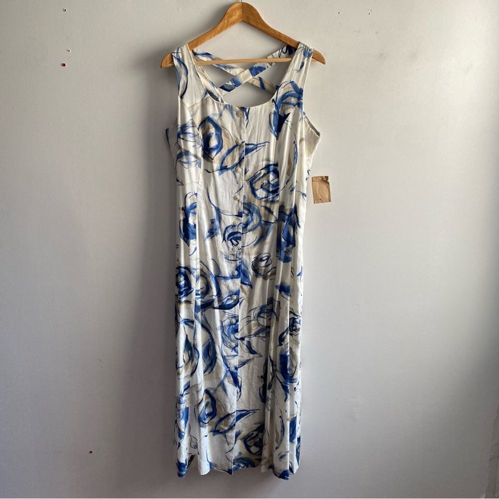 NWT Coldwater Creek white blue abstract floral print linen cross back maxi dress